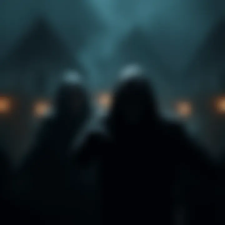 A dark, eerie setting with a frightening character looming in the shadows, evoking fear and suspense.