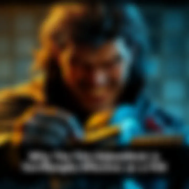 A menacing sidekick looms over a hero, showcasing a threatening posture with a sinister grin, set in a dark, intense environment.