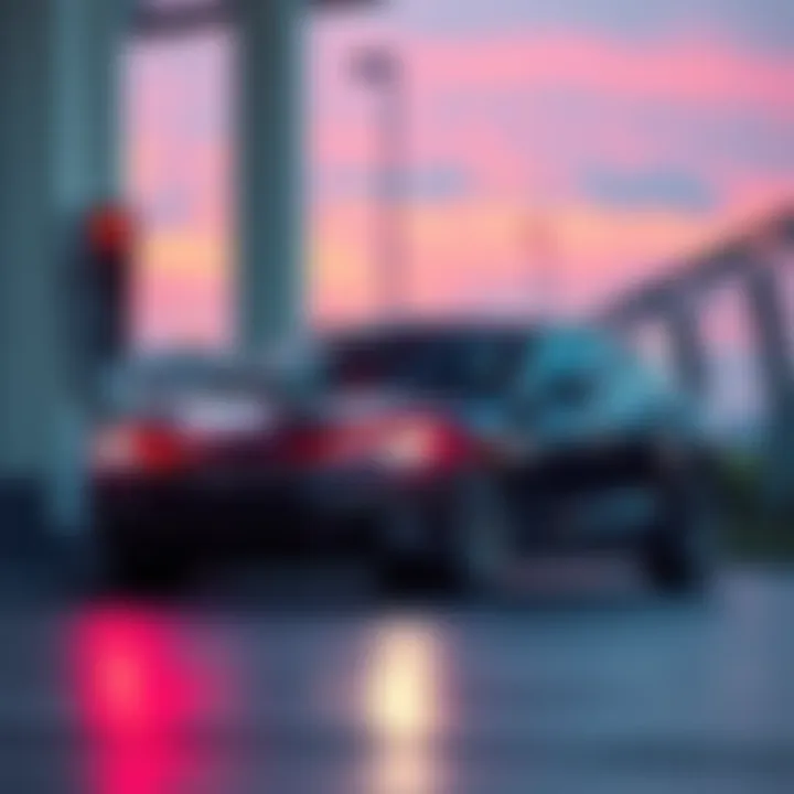 A sleek Tesla electric car charging at a modern charging station, showcasing advanced technology and sustainability.