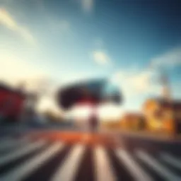 A Tesla Roadster is seen falling from the sky while someone is jaywalking below