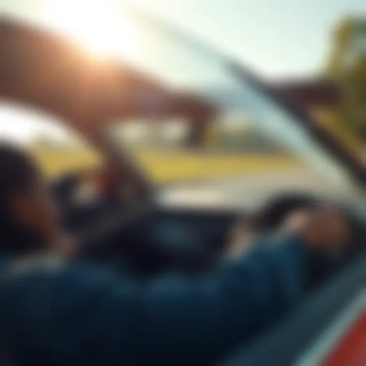 A person test driving a new car on a sunny day, looking focused and engaged with the driving experience.