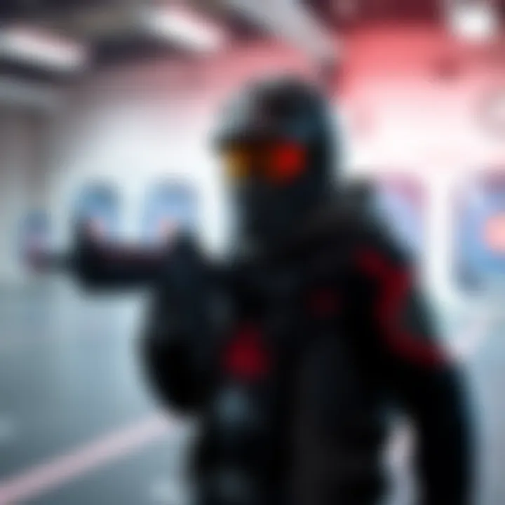 A character in a shooting range testing Volatile Shields with varying shield health and strategy implications