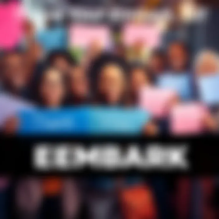 A diverse group of people smiling and holding signs of appreciation for Embark, showing community support and gratitude.