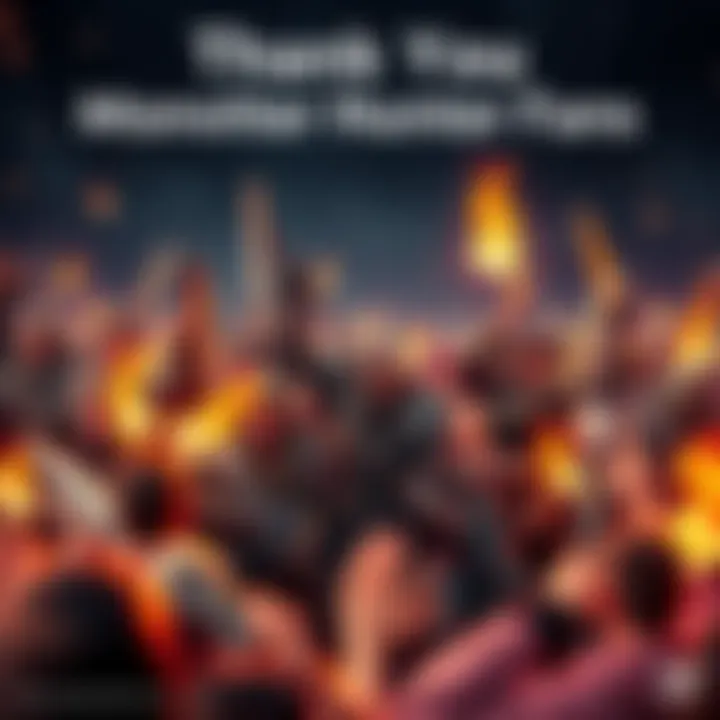 A group of Monster Hunter fans celebrating together with weapons and gear, showing their passion for the game.