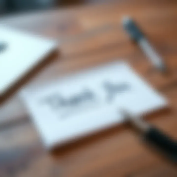 A close-up of a handwritten thank you note on a wooden table with a pen beside it.