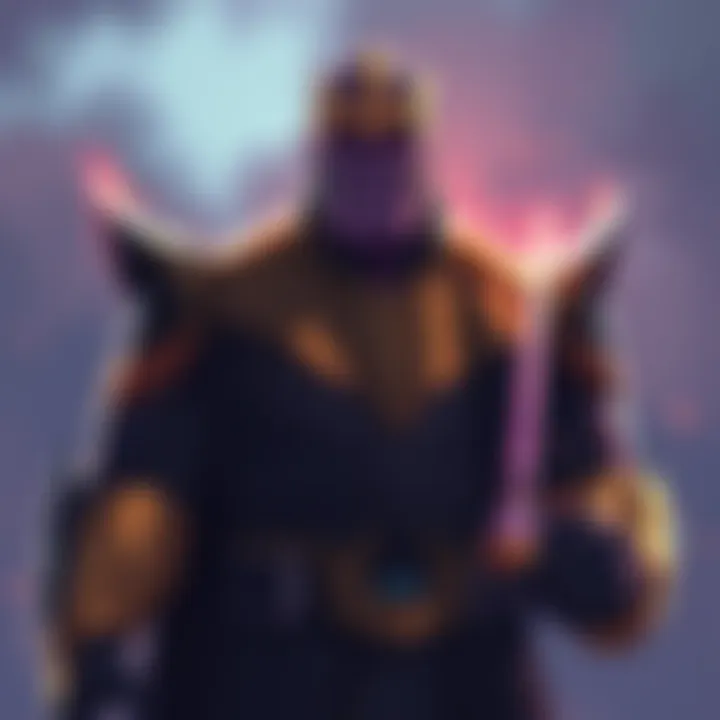 Illustration of Thanos standing with a serious expression, holding a peacekeeping staff, with shadows hinting at his villainous side.