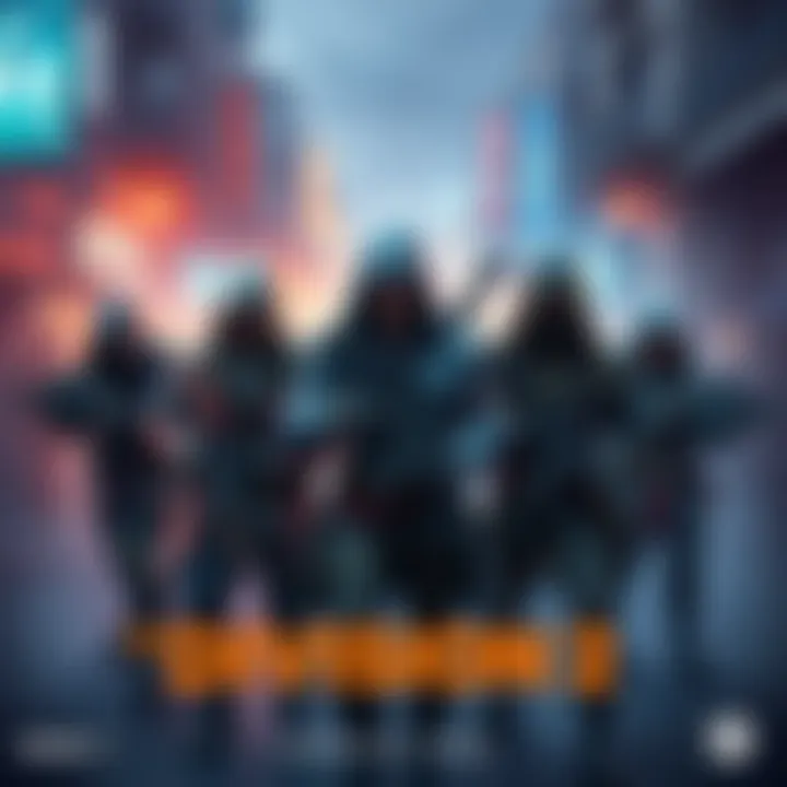 Illustration showing characters from The Division 2 wearing Assassin's Creed themed uniforms with weapons, set in an urban environment.