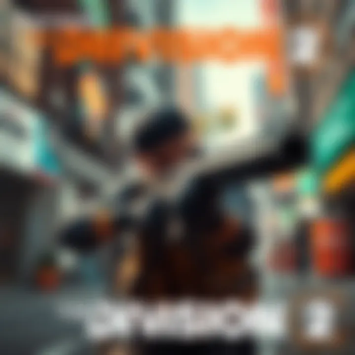 A player character in The Division 2 aiming a weapon in a urban environment with graphics showing action elements.