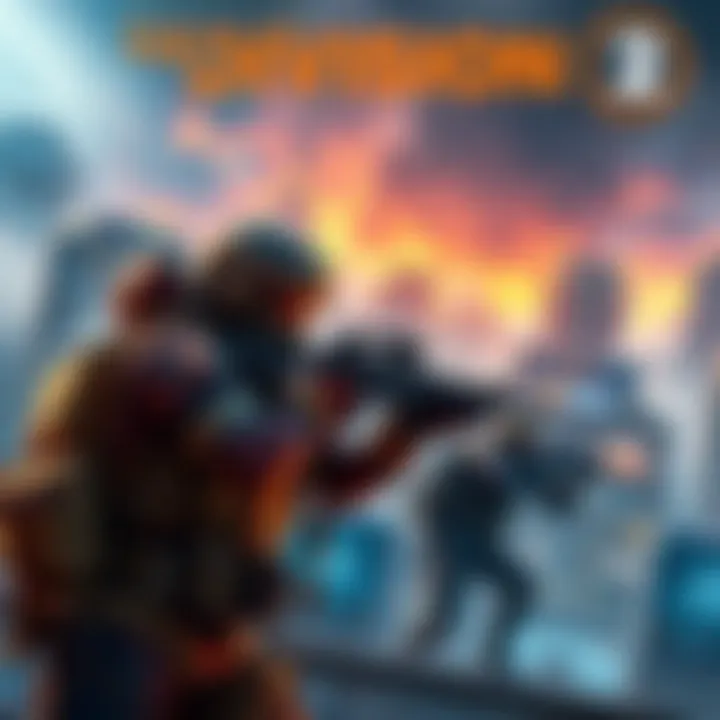 A player character in tactical gear engaging in PvP action in The Division 2, set in a post-apocalyptic cityscape.