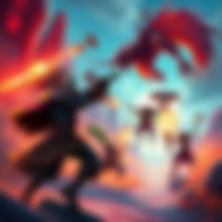 A dynamic scene from The Gauntlet showing players battling fierce enemies in a colorful landscape