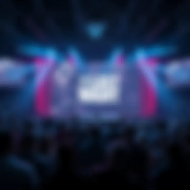 A gaming event scene with a large screen displaying The Last Night logo, surrounded by excited fans, highlighting the game's long-awaited status.