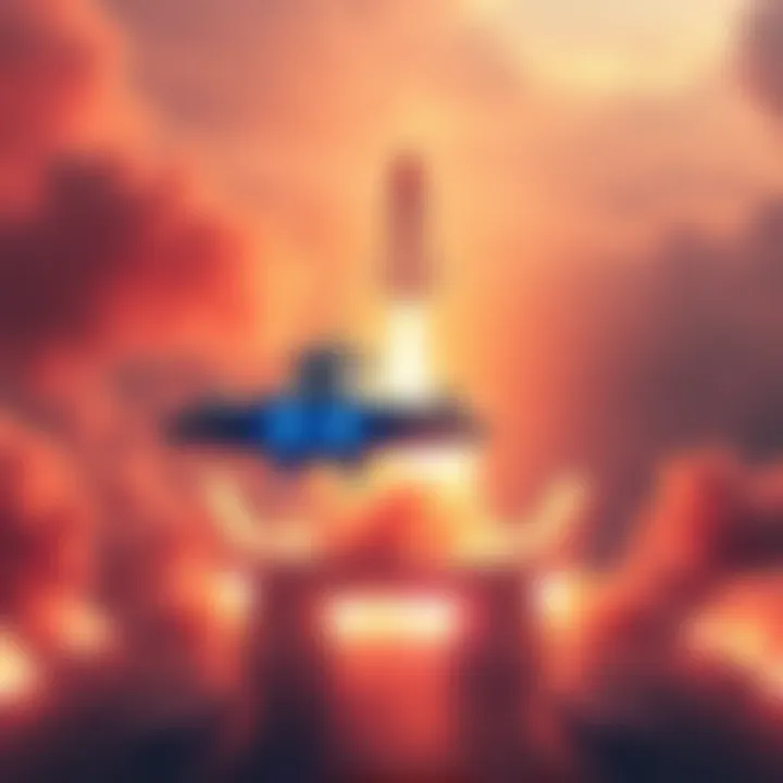 A futuristic starship takes off from a launchpad into space with bright flames and smoke, symbolizing the start of an exciting gaming adventure.