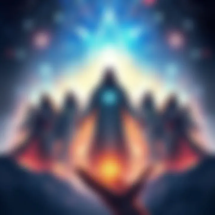An illustration showing the Nine as abstract, glowing figures with a cosmic background, representing their power and connection to time.