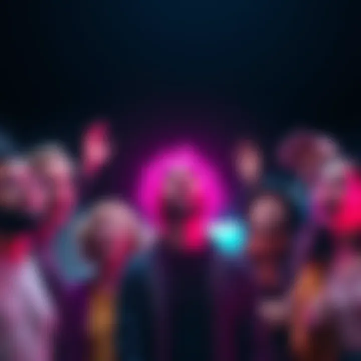A bright pink object sparks curiosity and fear among a group of people reacting in different ways.