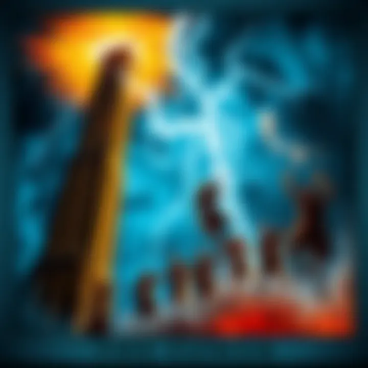A close-up of The Tower tarot card showing a tall tower being struck by lightning, with figures falling from it, representing chaos and sudden change.