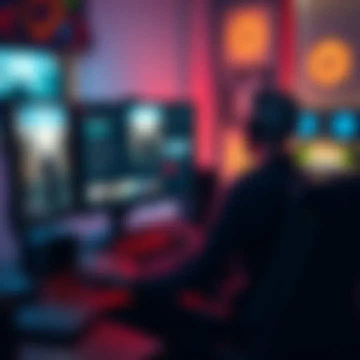 A gamer sitting at a computer with The Witcher 3 displayed on the screen, exploring game options and comparing with other titles.