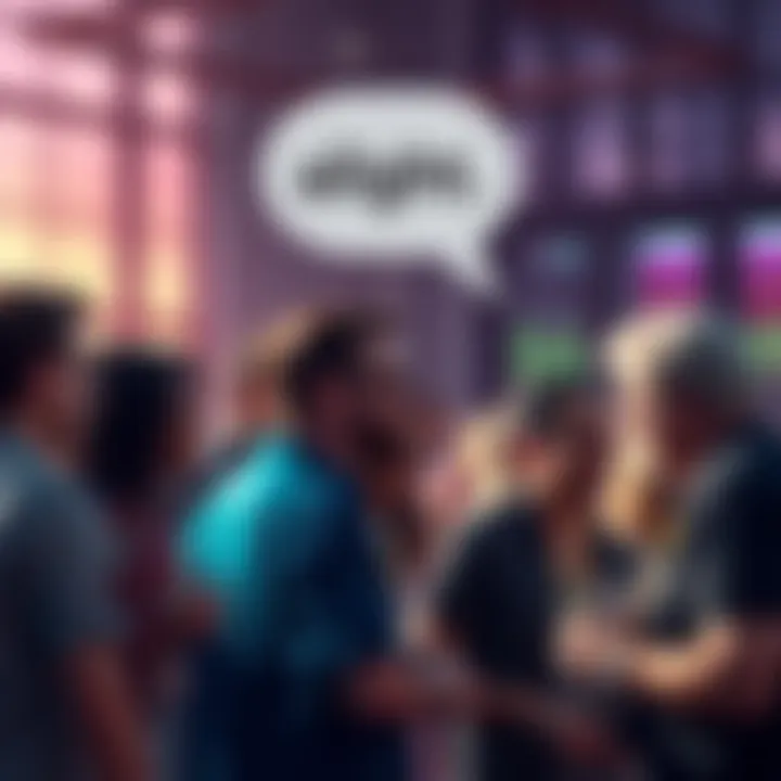 A group of people chatting casually, with the word 'alright' highlighted in a speech bubble above them, showing its use in everyday dialogue.