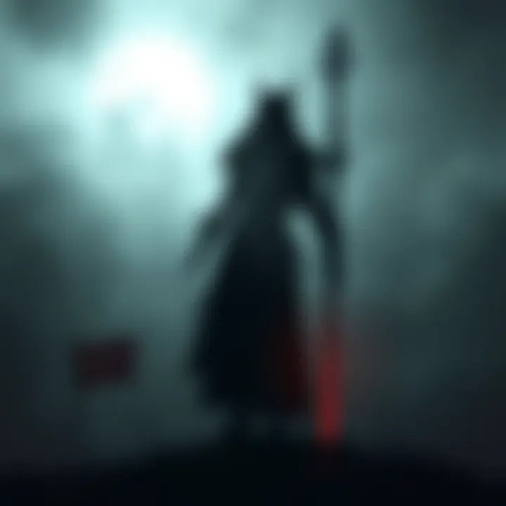 A dark and eerie landscape with a silhouette of a character holding a weapon, surrounded by fog and shadows, representing the horror RPG theme of The Blood of Dawnwalker.