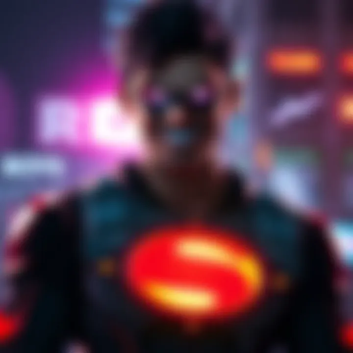 Concept art for a video game based on The Boys series featuring a superhero with a smile and a dark theme