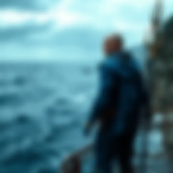 The Deep, a superhero in a blue costume with a trident, stands near the ocean looking thoughtful.