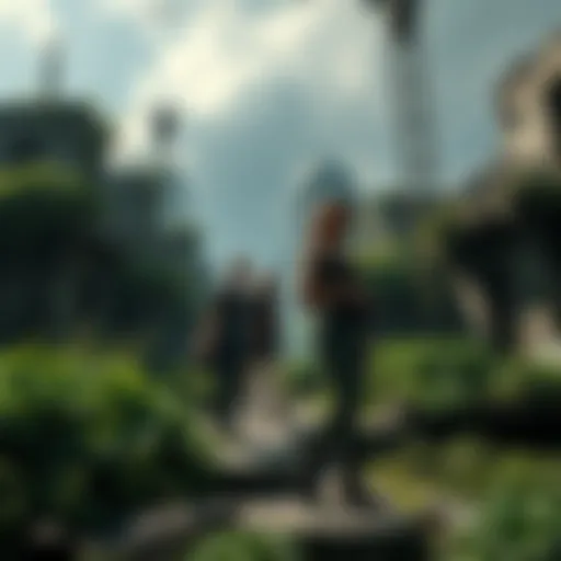 A scene depicting characters from The Last of Us exploring a post-apocalyptic city with overgrown vegetation.