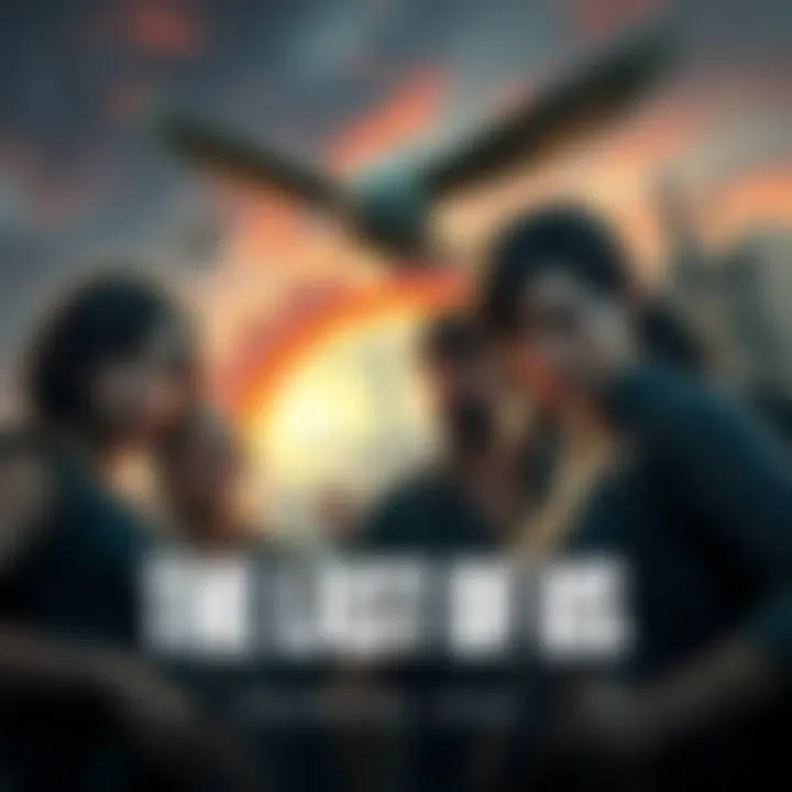 A scene showing the main characters from The Last of Us series in a post-apocalyptic setting, highlighting their emotional expressions and surroundings.