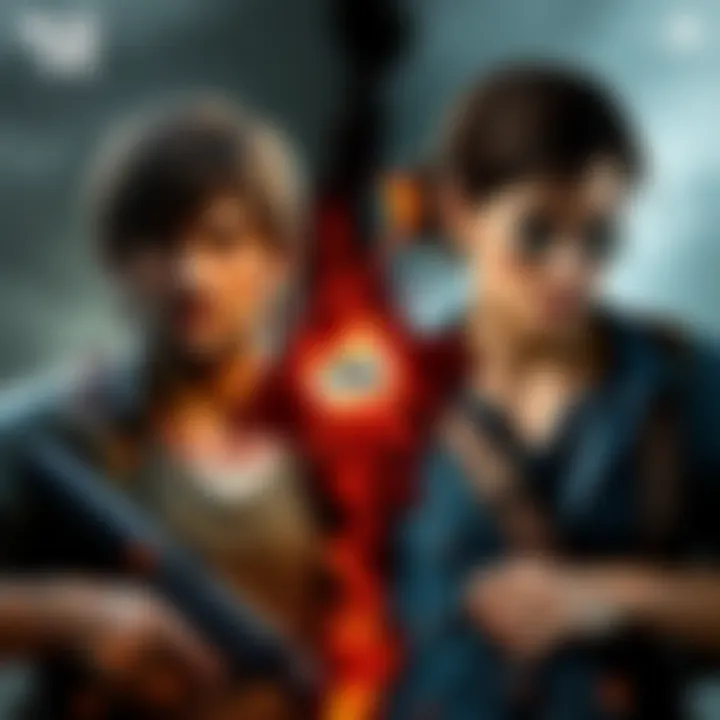 A visual comparison of The Last of Us and Uncharted games, featuring their main characters in an epic showdown setting.
