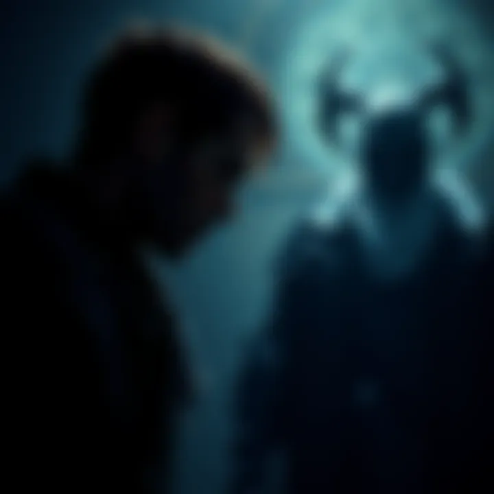 The main character faces off against the antagonist in a dark, atmospheric setting, capturing a moment of tension and emotion.