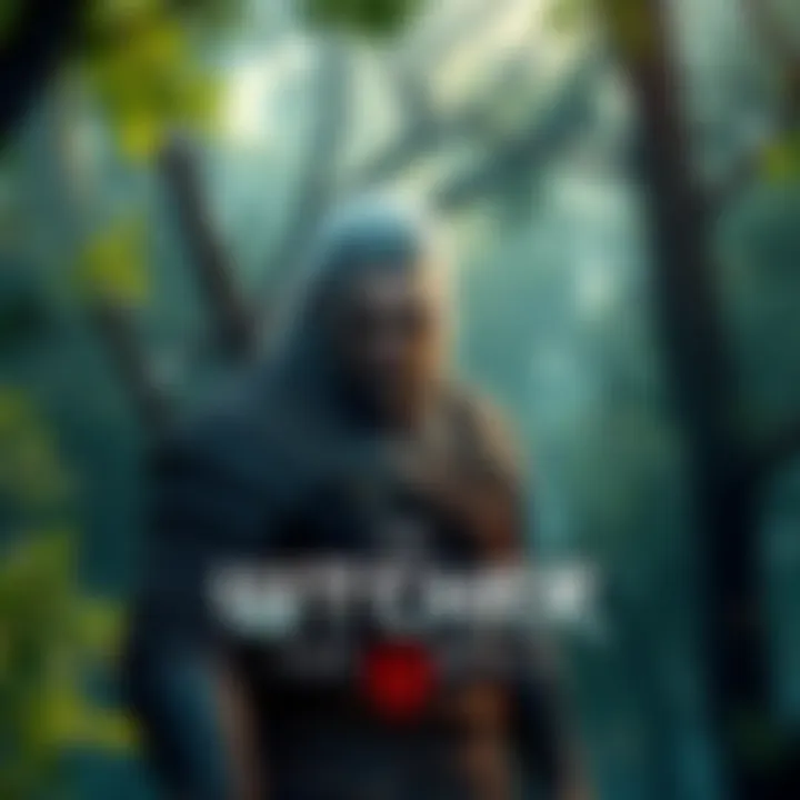 A heroic character with silver hair, armor, and a sword in a lush forest environment, representing The Witcher 3.