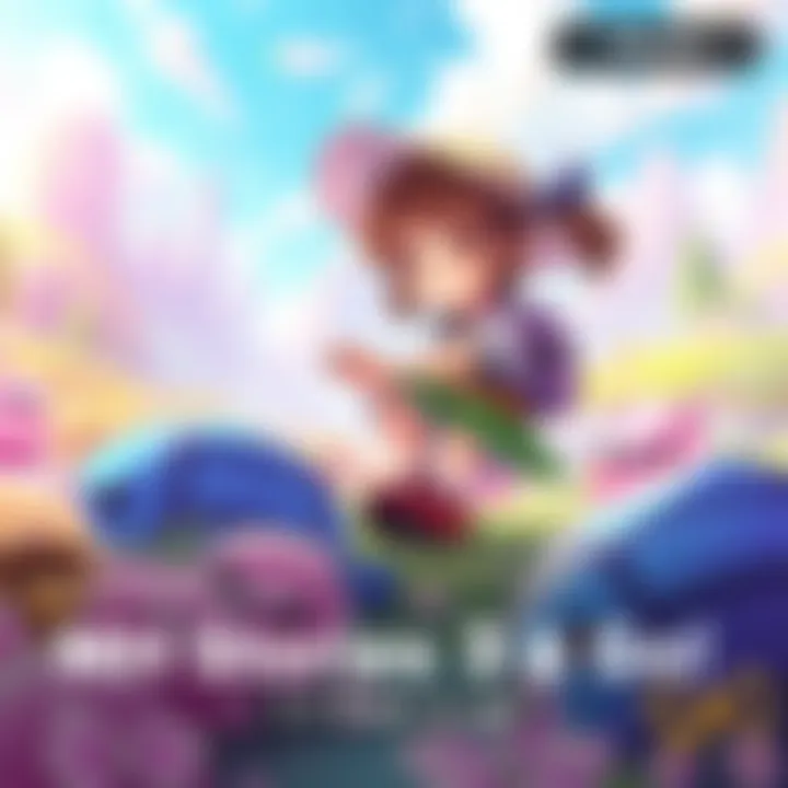 Thea exploring a vibrant landscape while searching for hidden poogies, with a colorful background showcasing the art style of Kawano