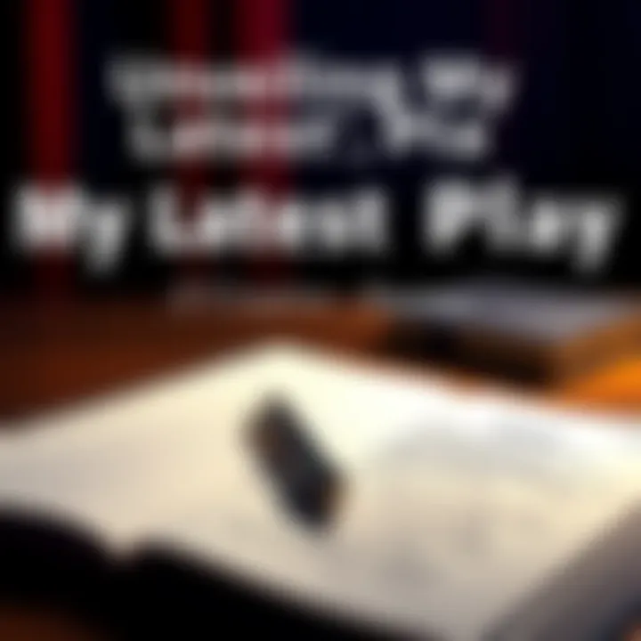 A notebook with a pen on a table beside a script of a play, representing the writing process