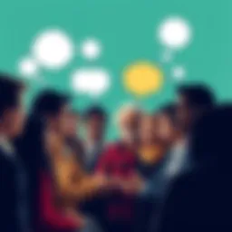 A diverse group of people engaged in a discussion about thematic biases, showcasing different perspectives and thought bubbles above their heads.