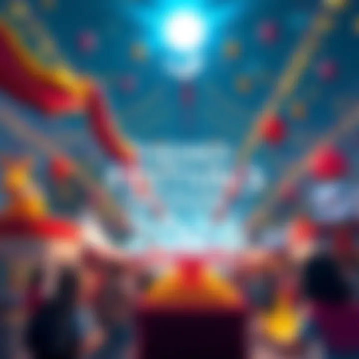 Colorful promotional image showing various game genres with festival decorations and characters celebrating gaming