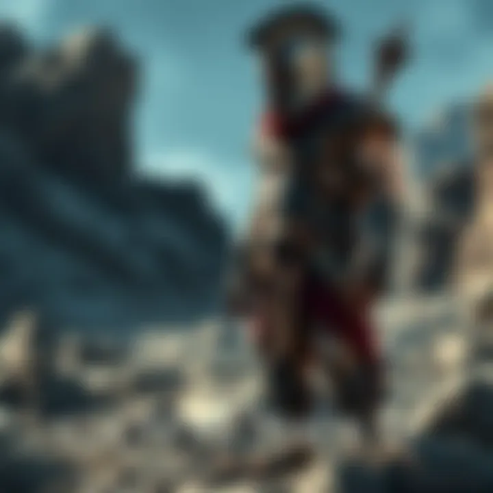 Theophilos, a Spartan warrior, stands beside Kratos, ready for battle in a rocky landscape.