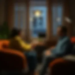 A therapist talking with a troubled individual in a cozy office setting, highlighting the mental health challenges faced by violent individuals.