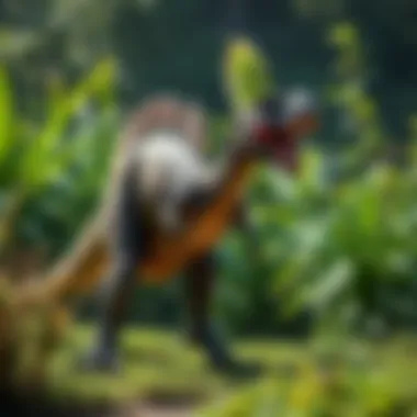 A Therizinosaurus dinosaur standing upright, showcasing its massive claws while surrounded by lush greenery.