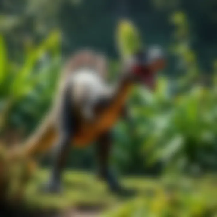 A Therizinosaurus dinosaur standing upright, showcasing its massive claws while surrounded by lush greenery.