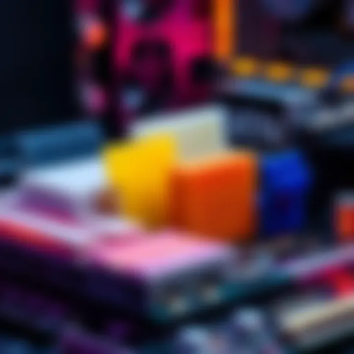 A variety of thermal interface materials displayed beside a computer motherboard, highlighting different options available for cooling solutions.