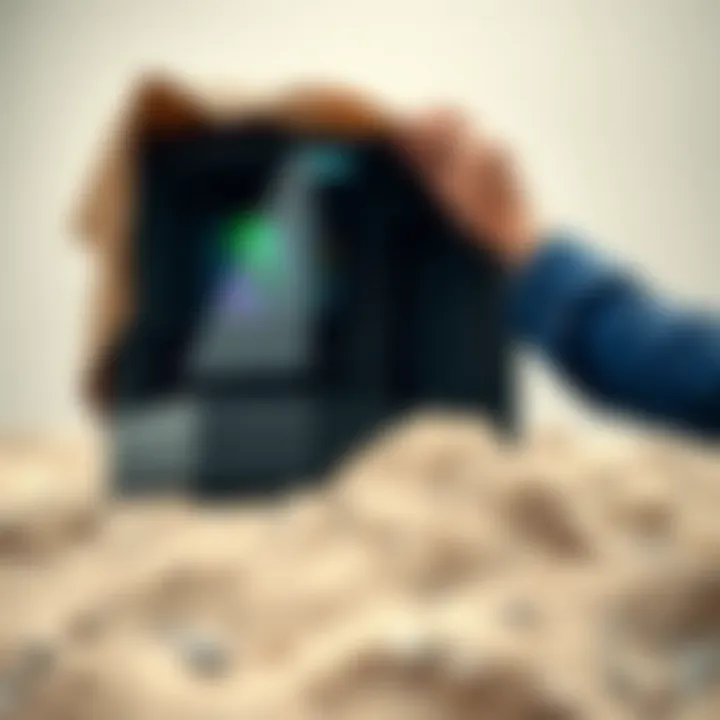 Person unpacking the Thermaltake View 380 XL case in gravel sand, showing its quality and packing.