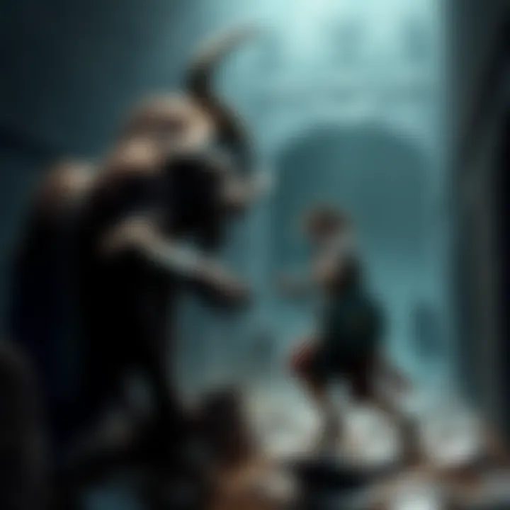 A warrior in Theseus armor fights a large bull-headed creature in a dark labyrinth, showcasing the intense battle atmosphere.