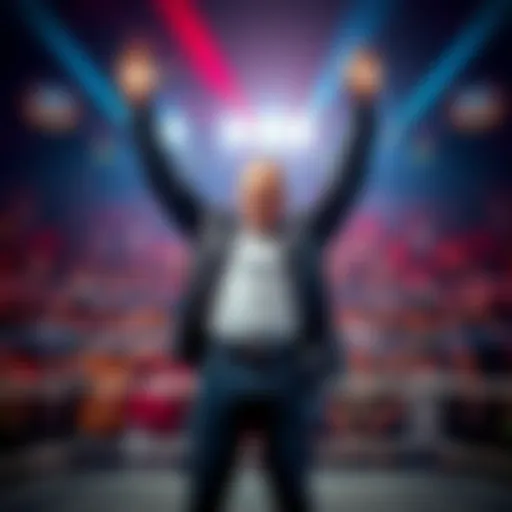 TheStockGuy stands confidently with his arms raised, celebrating his win over Miz, while fans cheer in the background.
