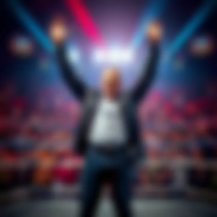 TheStockGuy stands confidently with his arms raised, celebrating his win over Miz, while fans cheer in the background.