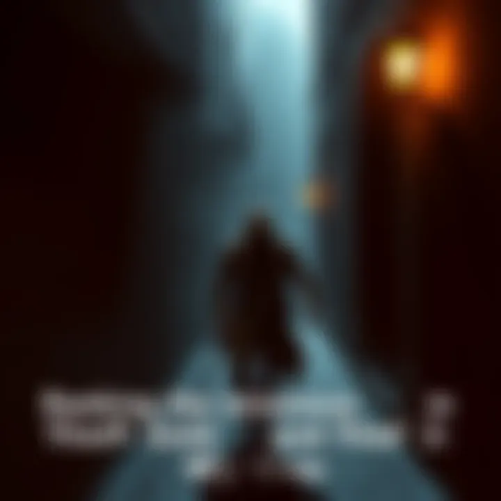 A stealthy thief character sneaking through a shadowy alley, looking for treasures and avoiding guards.