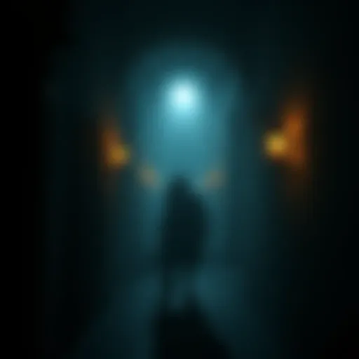 A dimly lit scene from Thief 2 showing a character sneaking through a dark corridor with shadows and torches