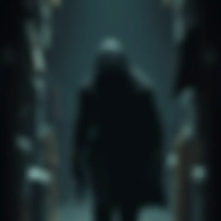 A stealthy character cloaked in dark clothing moves quietly through a dimly lit environment filled with clutter.