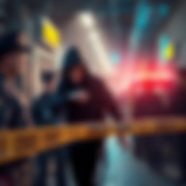 A thief being arrested at the scene of a robbery, surrounded by police officers and onlookers, with evidence of the crime visible.