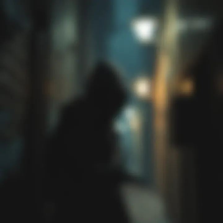 A stealthy thief in a shadowy street, with a mix of light and dark representing tension and humor in the game atmosphere.