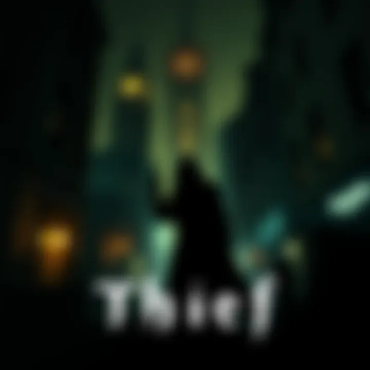 Thief Game Cover Art Cover art showing a shadowy figure in a dark city setting, highlighting stealth and intrigue in classic gaming.