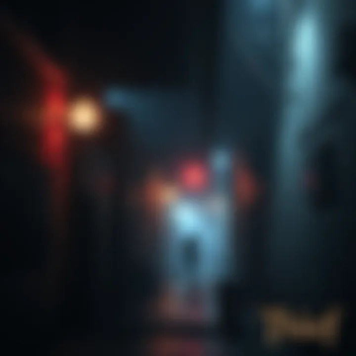 An artistic representation of a stealthy character in a dark alley, surrounded by shadows and flickering lights, inspired by the Thief game series.