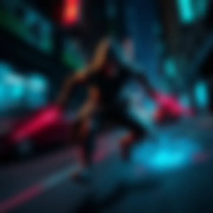 Thief shell character in action A character representing the Thief shell swiftly moving through a dark urban environment while looting items, showcasing speed and agility